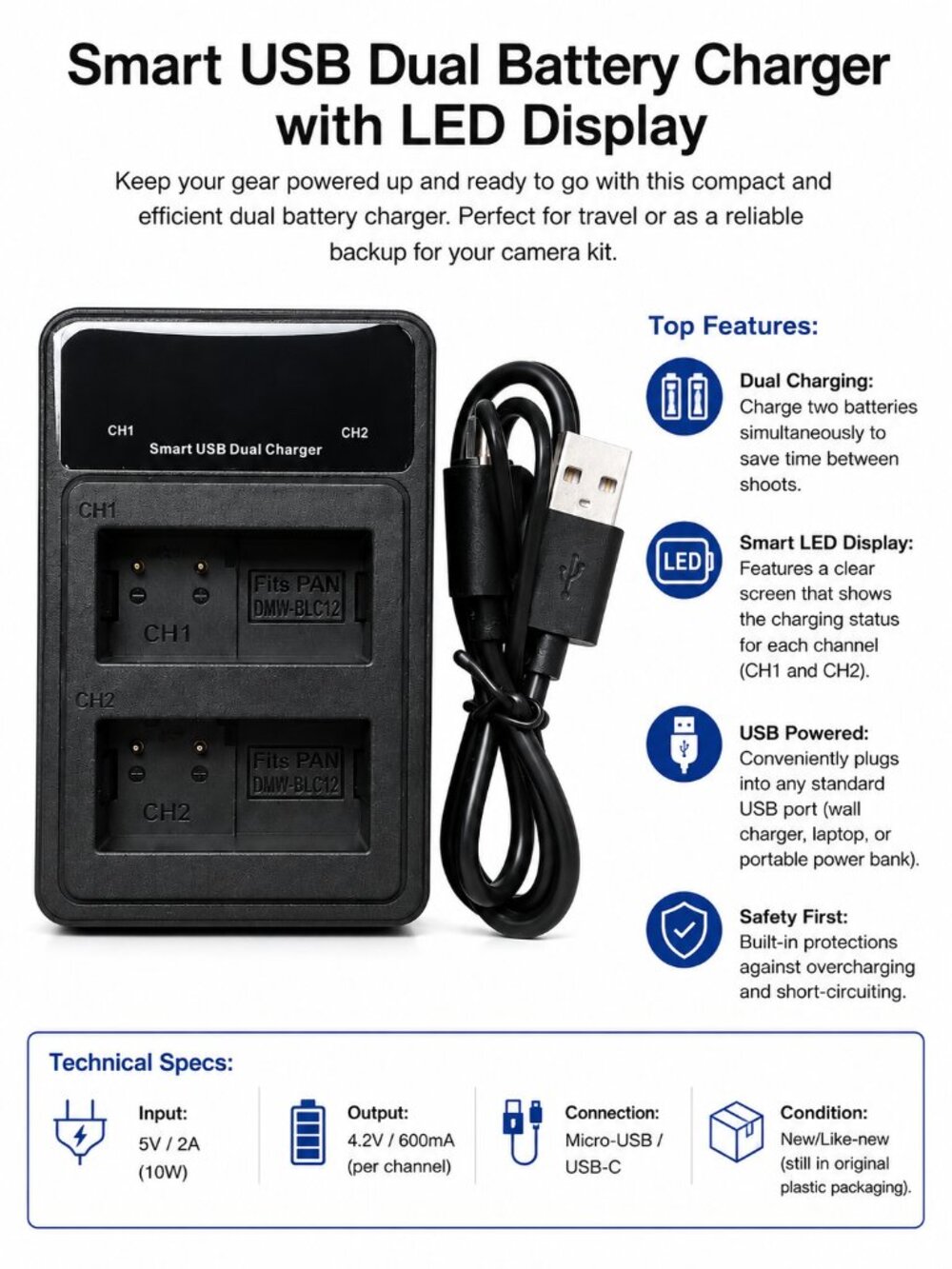 Smart USB Dual Battery Charger with LED Display for Panasonic DMW-BLC12